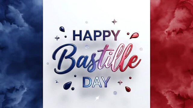 Happy Bastille Day 3D text animation with blue and red smoke flowing on sides