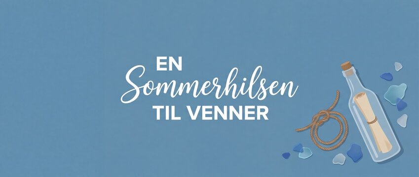 Summer greeting message in bottle card with Danish text En Sommerhilsen til venner on blue background featuring nautical elements like rope knot and sea glass for seasonal friendship holiday wishes