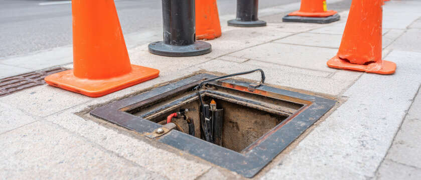 Open manhole cover with pipes and traffic cones