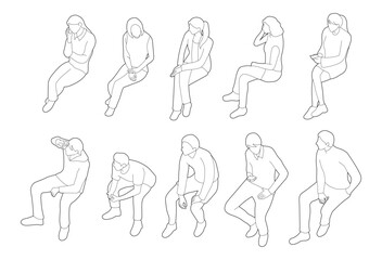 isometric people sitting without chair, minimalist outline drawings for architectural style. black continuous line art  axonometric illustration. © SRTember