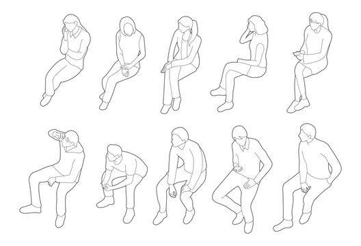 isometric people sitting without chair, minimalist outline drawings for architectural style. black continuous line art  axonometric illustration.