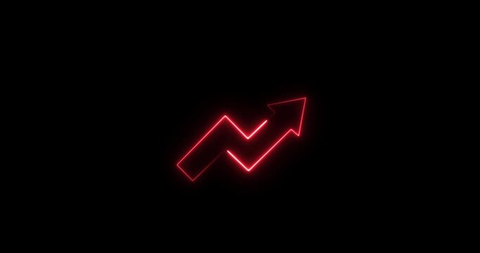 Abstract neon arrow business graph chart icon animation. Market Recovery concept successful growth trend line graph going Up on a black background 