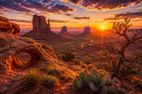 Vibrant sunset over a majestic desert canyon landscape, featuring dramatic red rock formations and scenic wilderness.