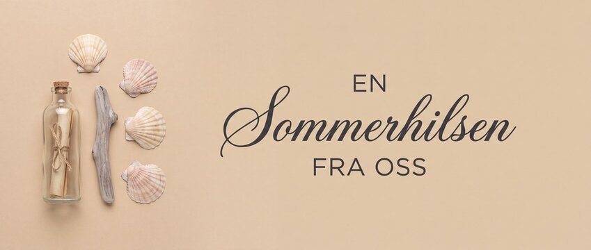 Summer greeting message in bottle with driftwood and seashells on beige background, decorative Scandinavian holiday banner template featuring Norwegian text En Sommerhilsen Fra Oss for a beach header.