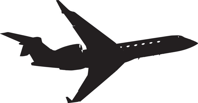 Black silhouette of a private jet airplane flying in the sky isolated on transparent background, Vector