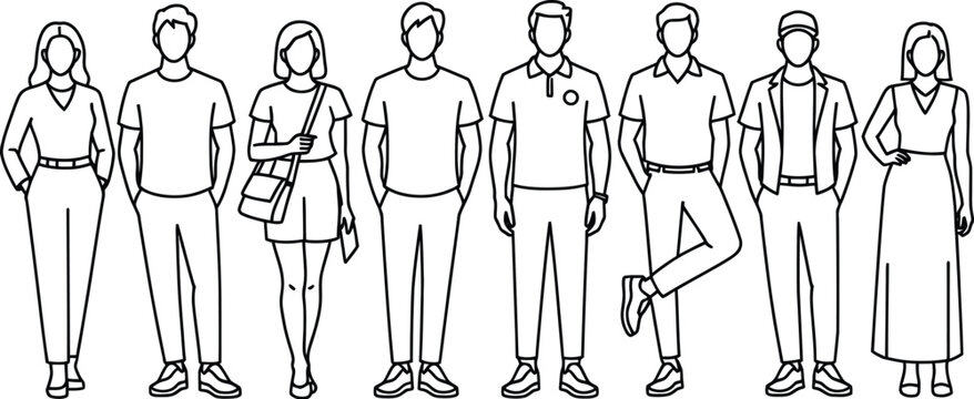Set of diverse people standing together line icons vector illustration collection for community teamwork crowd and society graphic design elements.