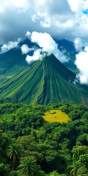 Lush green landscape surrounds Arenal Volcano's cone-shaped peak, misty clouds linger, mist, landscape