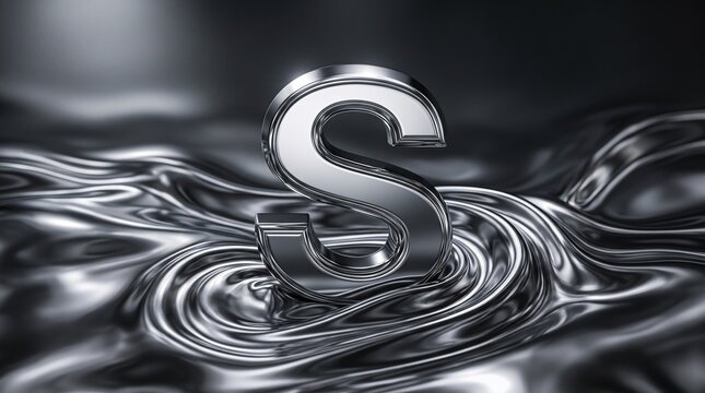 Polished Chrome Letter S Standing Boldly Amidst Rippling Liquid Silver Waves Dynamic Industrial Concept