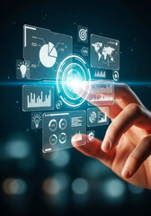 Fototapeta premium Close-up of a human finger touching a glowing futuristic holographic digital interface featuring various business analytics data and dashboard visualizations