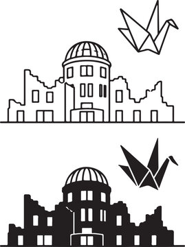 Cityscape illustration, buildings with domes and origami cranes flying