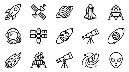 Space exploration icons showcase various spacecraft and astronomy equipment on white © Mesya