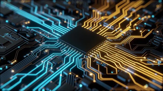 Macro Shot of Complex Glowing Circuit Board with Intricate Lines of Blue and Gold Light, AI Future Technology Concept
