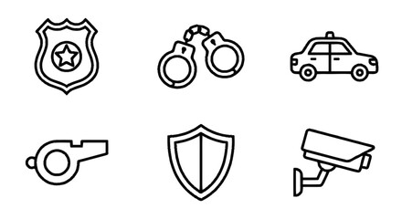 Police security icons including badge, handcuffs, and patrol car with shield, whistle and CCTV camera on white © Mesya