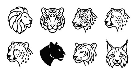 Various wild cat heads in different styles and poses are illustrated. © Mesya