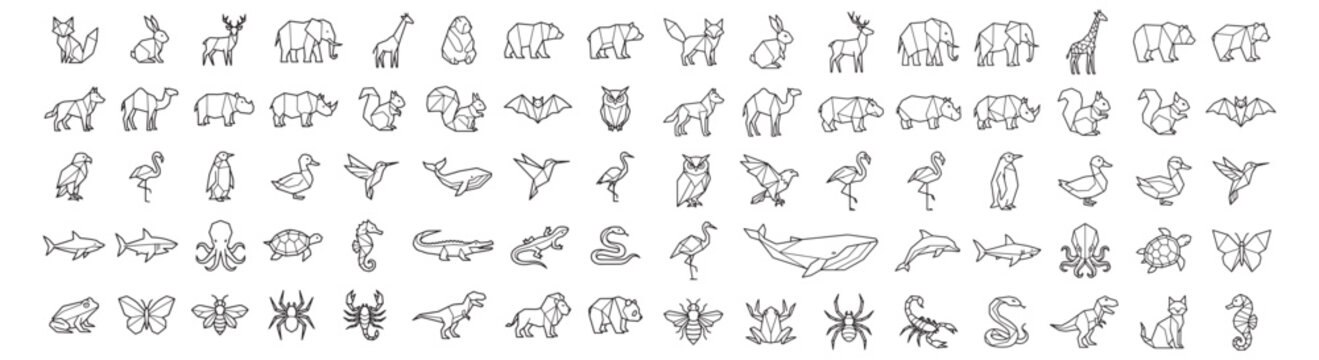 Geometric Line Animal Icons Set - Low Poly Wildlife Outline Illustrations Collection