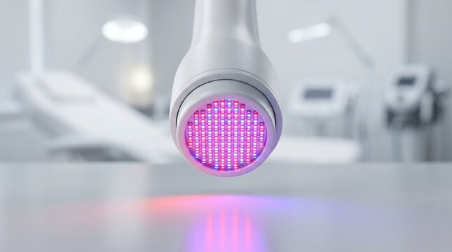 Close up of round LED light phototherapy handpiece in clinic