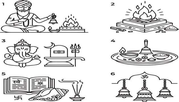 Hindu Priest Performing Ritual icon set. Editable line icons. Vector illustration.