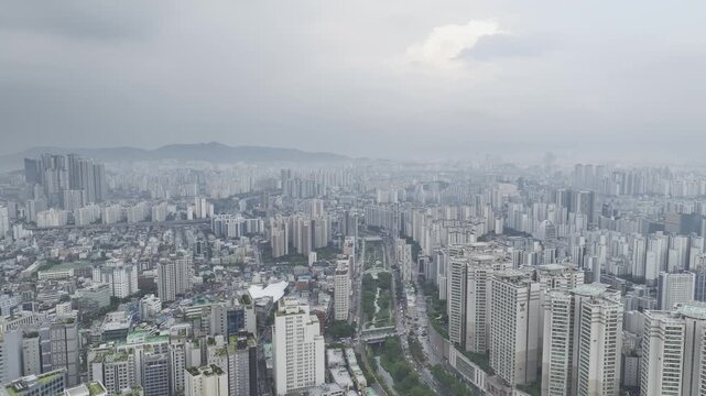 Aerial Drone View of Jongno Cityscape near Dongmyo Station and DDP Dongdaemun Design Plaza in Seoul, South Korea