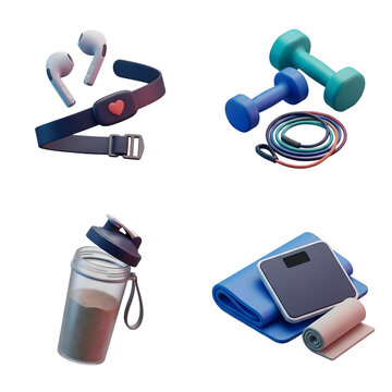 Set of 3D fitness and healthy lifestyle equipment icons isolated on black