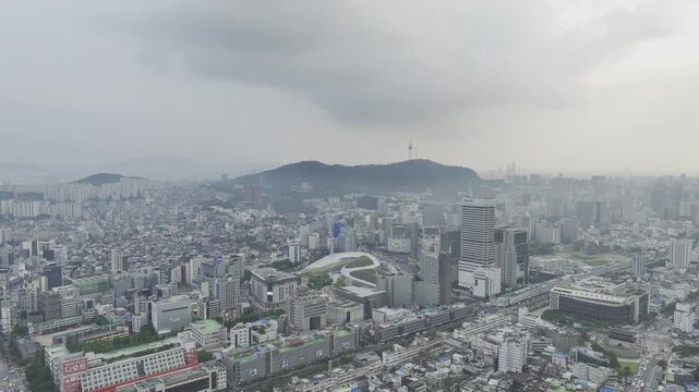 Aerial Drone View of Jongno Cityscape near Dongmyo Station and DDP Dongdaemun Design Plaza in Seoul, South Korea
