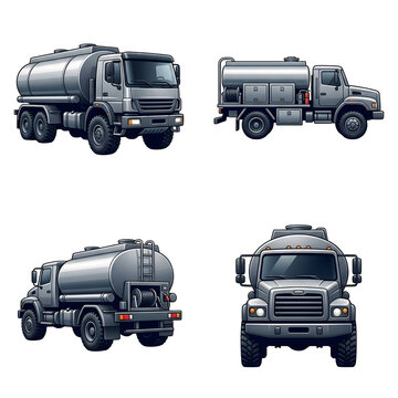 Silver industrial tanker truck set shown from multiple side and front angles