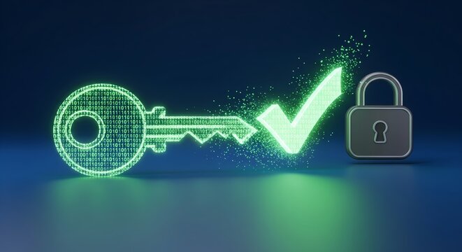Secure access granted Digital key and lock with confirmation checkmark symbol