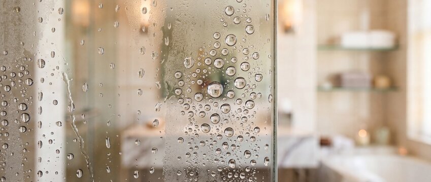 crystal clear condensation droplets clinging to a steamed bathroom mirror, abstract water patterns