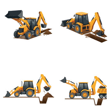 Yellow backhoe loaders digging and moving earth on a construction site.