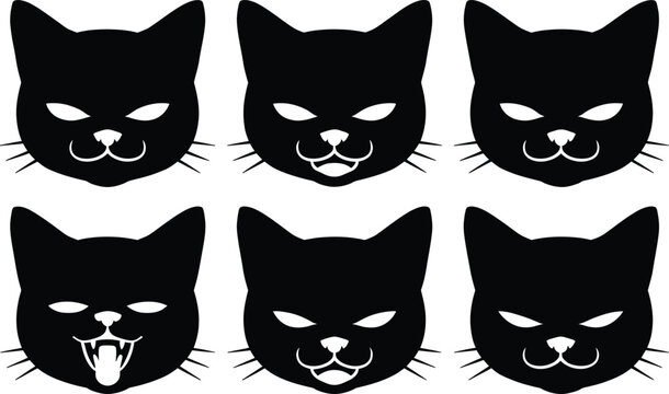 Set of black cat head silhouettes showing different facial expressions