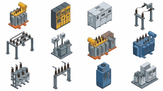 Isometric collection of industrial electrical transformers and components.