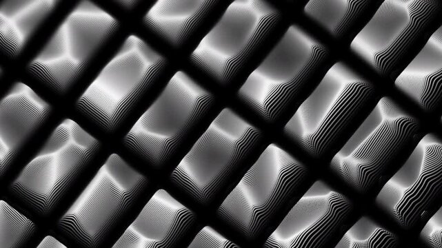 Animated grid of textured square tiles with flowing line patterns and monochrome lighting. Abstract motion background inspired by modular surfaces for interface design, technology and digital graphics
