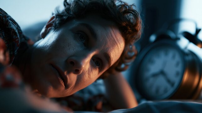 A sleepless woman struggles with anxiety and depression while lying in bed at night, reflecting emotional stress, fatigue, and sleep deprivation in a quiet bedroom setting.