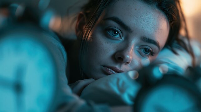 A sleepless woman struggles with anxiety and depression while lying in bed at night, reflecting emotional stress, fatigue, and sleep deprivation in a quiet bedroom setting.