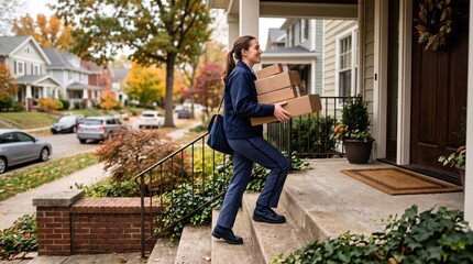Fototapeta premium Woman Delivers Packages to Suburban Home