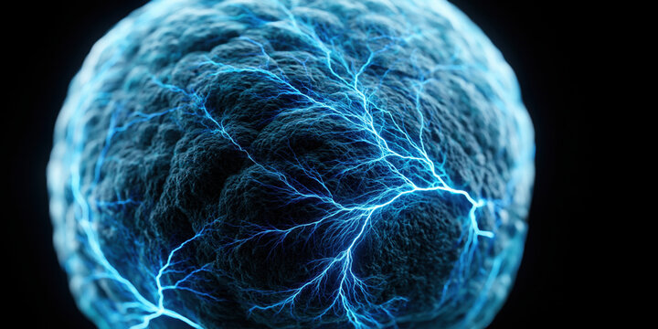 Monolithic neuron sphere electric blue sphere glowing network abstract science neural structure dark background digital art energy field spherical form fractal pattern