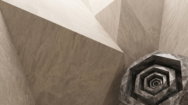 Abstract 3D geometric background with angular stone walls and dark marble hexagonal tunnel