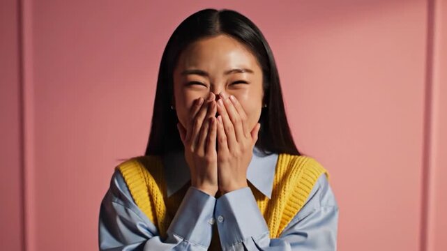 Happy young woman laughing and covering her face with hands