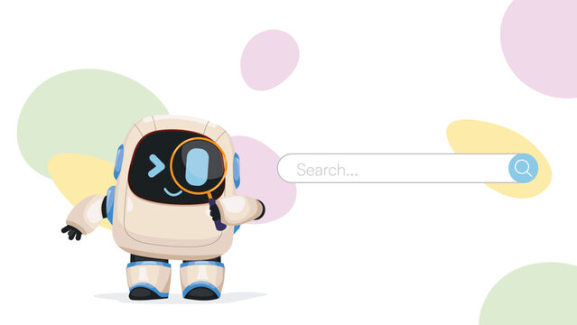 Cute AI robot searching with magnifying glass vector illustration for website search page and app interface