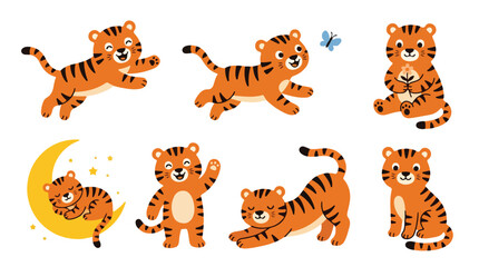 Obraz premium Collection of eight cartoon tiger illustrations in various playful poses on a white background with a crescent moon.