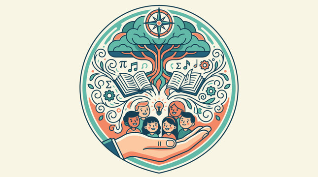 Illustration circulaire stylis&eacute;e repr&eacute;sentant une main ouverte prot&eacute;geant un groupe d'enfants sous un arbre de la connaissance avec des livres, des symboles musicaux et math&eacute;matiques.