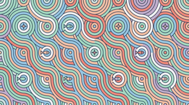 Motif g&eacute;om&eacute;trique abstrait compos&eacute; de lignes ondul&eacute;es color&eacute;es et de cercles concentriques avec des petits poissons stylis&eacute;s int&eacute;gr&eacute;s dans un design r&eacute;p&eacute;titif harmonieux et moderne.
