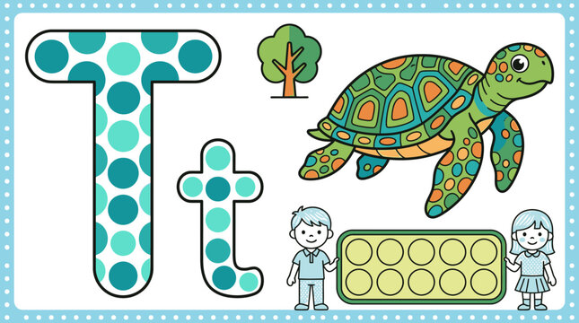 Carte &eacute;ducative illustr&eacute;e avec la lettre T majuscule et minuscule, une tortue, un arbre et deux enfants pour l'apprentissage de l'alphabet et du vocabulaire en classe de maternelle.