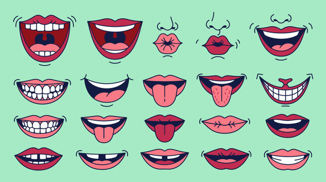 Ensemble d'illustrations vectorielles de bouches humaines exprimant diverses &eacute;motions, sourires, grimaces et expressions faciales sur un fond vert pastel pour le design graphique.