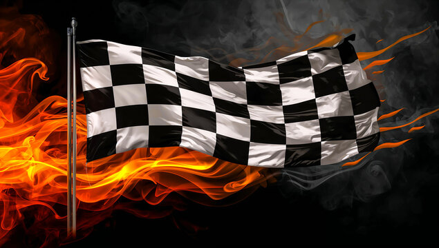 Checkered flag waving with fiery flames and smoke on a dark background