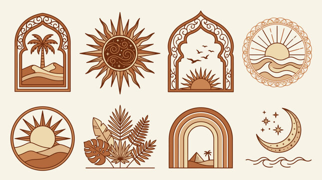 Conjunto de elementos gr&aacute;ficos boho com sol, lua, palmeiras, arcos e formas de paisagem em estilo minimalista de linha art&iacute;stica em tons terrosos quentes para design moderno.