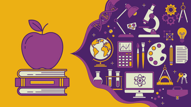 Eine flache Vektorillustration, die einen Apfel auf einem B&uuml;cherstapel zeigt, verbunden mit einer Sprechblase voller Symbole f&uuml;r Bildung, Wissenschaft, Kunst und Technologie.