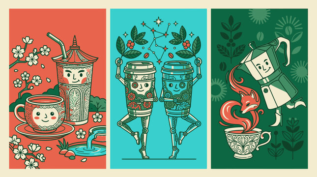 Drei dekorative Illustrationen mit anthropomorphen Kaffeemotiven, darunter eine Teetasse, ein Mokka-K&auml;nnchen und tanzende Kaffeebecher in einem stilisierten, farbenfrohen Grafikdesign.