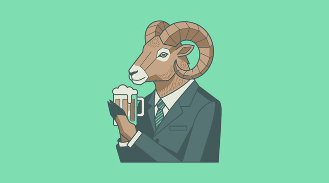 Une illustration vectorielle stylis&eacute;e d'un b&eacute;lier anthropomorphe portant un costume formel et tenant une chope de bi&egrave;re moussante sur un fond vert pastel uni.