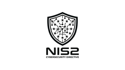 Obraz premium NIS2 Cybersecurity Directive emblem featuring shield with digital network circuit and star elements for data protection