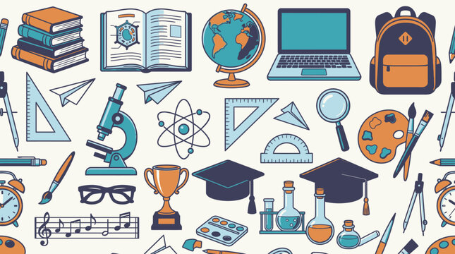 Padr&atilde;o sem emenda de elementos escolares e educacionais desenhados &agrave; m&atilde;o com livros, microsc&oacute;pio, laptop, globo terrestre, chap&eacute;u de gradua&ccedil;&atilde;o e materiais de arte em um fundo claro